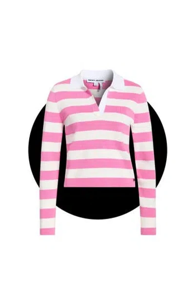 Dkny Jeans Striped Long Sleeve Polo Sweater In Pink