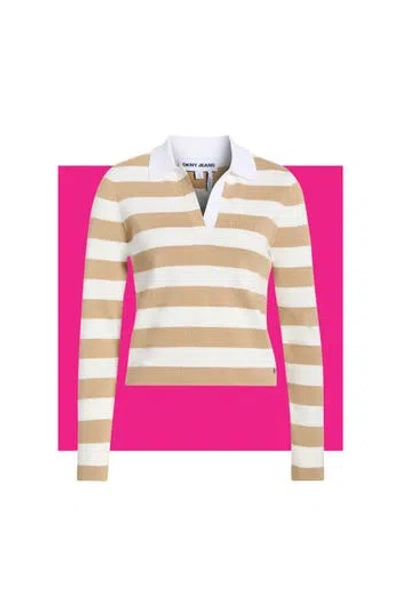 Dkny Jeans Striped Long Sleeve Polo Sweater In Neutral