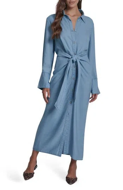 Dkny Jeans Tie Waist Long Sleeve Maxi Shirtdress In Blue