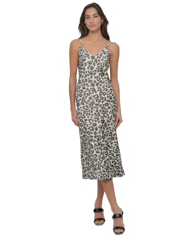Dkny Jeans Women's Animal-print Washed Satin Slipdress In Kzf Prwl Ltct Khaki