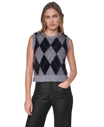 Dkny Jeans Women's Argyle Fuzzy-yarn Side-slit Crewneck Vest In Black