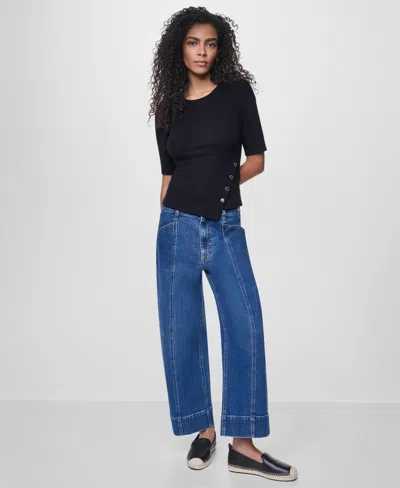Dkny Jeans Women's Asymmetric Hemline Puff Elbow-sleeve Top In Black