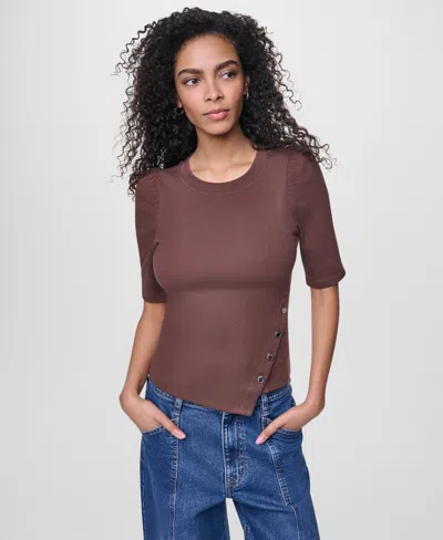 Dkny Jeans Women's Asymmetric Hemline Puff Elbow-sleeve Top In Brown