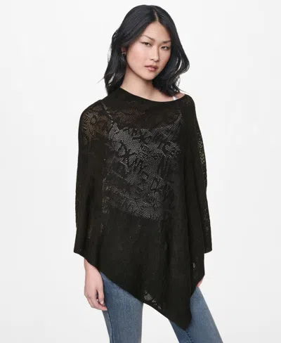 Dkny Jeans Women's Asymmetric Logo Pointelle Stitch Poncho Sweater In Black