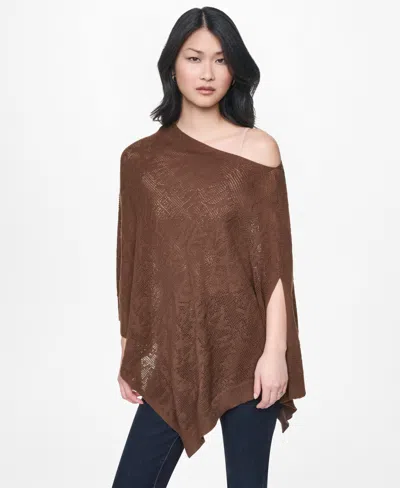 Dkny Jeans Women's Asymmetric Logo Pointelle Stitch Poncho Sweater In Brown