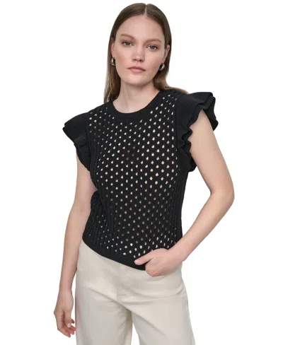 Dkny Jeans Women's Baby Chenille Pointelle Rib Flutter-sleeve Sweater In Black