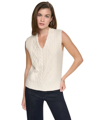 Dkny Jeans Women's Cable Knit V-neck Hi-low Sweater In Eggnog