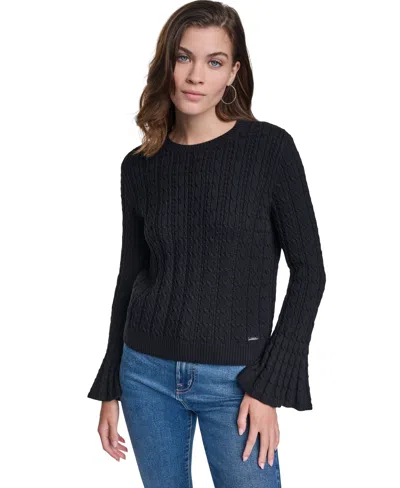 Dkny Jeans Women's Cable-knit Ruffled-cuff Pullover Sweater In Black