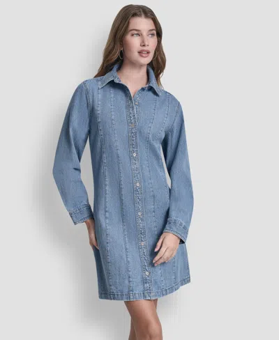 Dkny Jeans Women's Collared Seamed A-line Shirt Dress In Blue