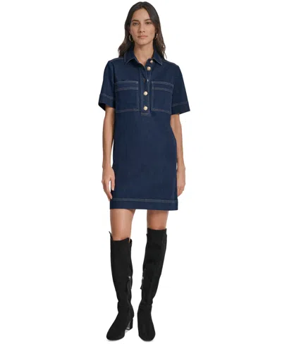 Dkny Jeans Women's Collared Short-sleeve Denim Shift Dress In Blue