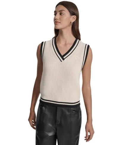 Dkny Jeans Women's Contrast Trim Cotton V-neck Sleeveless Sweater In Neutral