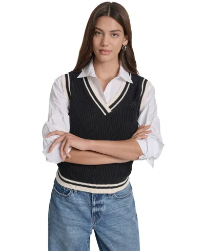 Dkny Jeans Women's Contrast Trim Cotton V-neck Sleeveless Sweater In Black