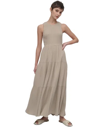 Dkny Jeans Women's Cotton Gauze Smocked-bodice Maxi Dress In Pbl - Pebble