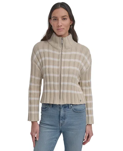 Dkny Jeans Women's Cotton Mock-neck Zip-up Cardigan In Kxy - Ltct Kh,ivory