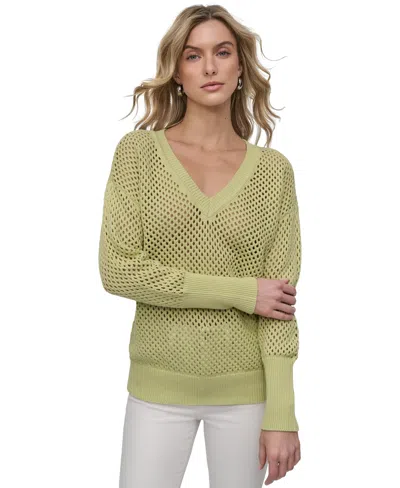 Dkny Jeans Women's Cotton Open-knit V-neck Sweater In Kxs - Tea Green