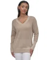 Dkny Jeans Women's Cotton Open-knit V-neck Sweater In Pbl - Pebble