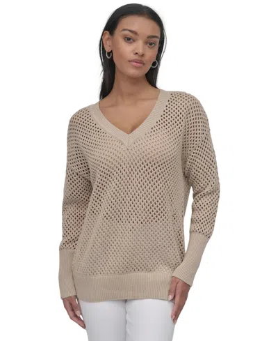 Dkny Jeans Women's Cotton Open-knit V-neck Sweater In Pbl - Pebble
