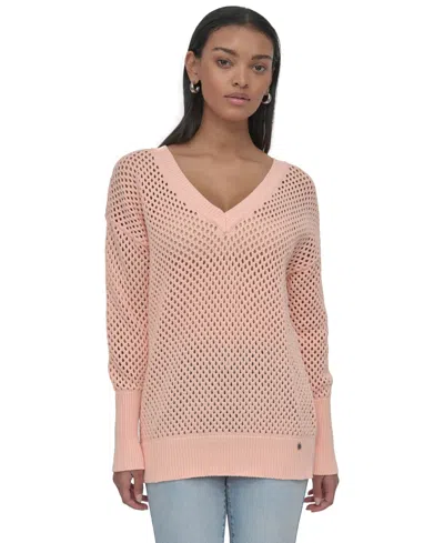 Dkny Jeans Women's Cotton Open-knit V-neck Sweater In Twv - Trop Peach