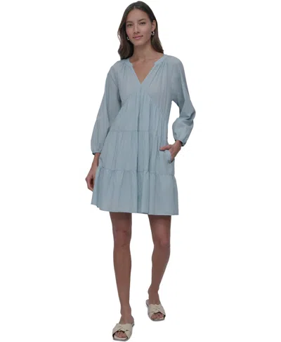 Dkny Jeans Women's Cotton Split-neck Tiered Dress In Mn1 - Mineral