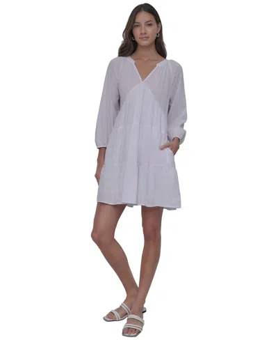 Dkny Jeans Women's Cotton Split-neck Tiered Dress In Wht - White
