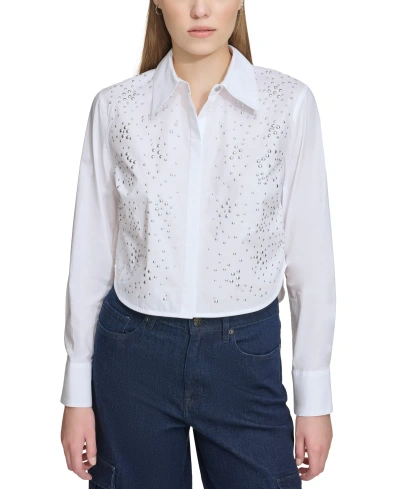 Dkny Jeans Women's Cotton Studded Cropped Shirt In Wht - White