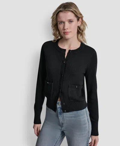 Dkny Jeans Women's Crewneck Front-enamel Button Cardigan In Black