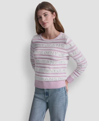 Dkny Jeans Women's Crewneck Logo Pointelle Striped Sweater In Neutral
