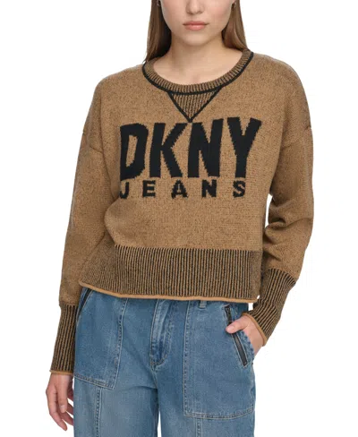 Dkny Jeans Women's Crewneck Long-sleeve Logo Sweater In Pecan,black