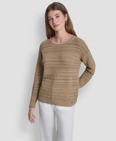 Dkny Jeans Women's Crewneck Long-sleeve Tipped Pointelle Sweater In Brown