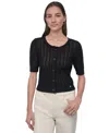 Dkny Jeans Women's Crewneck Short-sleeve Cardigan Cable Pointelle Cardigan Sweater
