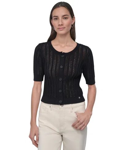 Dkny Jeans Women's Crewneck Short-sleeve Cardigan Cable Pointelle Cardigan Sweater