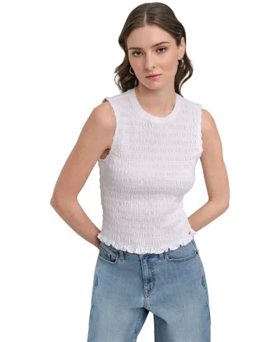 Dkny Jeans Women's Crewneck Smocked Sleeveless Top In White