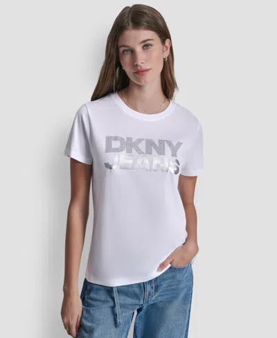 Dkny Jeans Women's Crewneck Stacked Rhinestone T-shirt In White