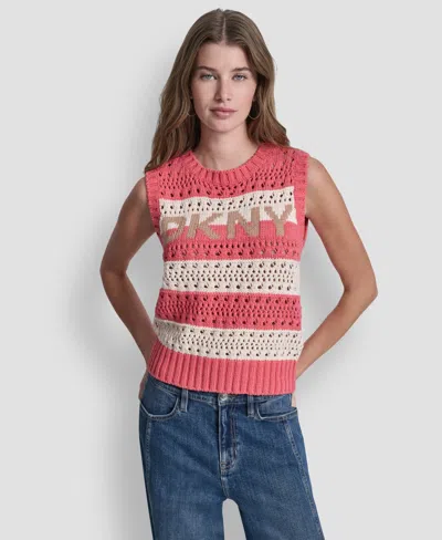 Dkny Jeans Women's Crewneck Striped Pointelle Stitch Sweater In Pink