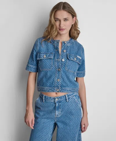 Dkny Jeans Women's Cropped Patch Pocket Short-sleeve Boucle Denim Shirt Jacket In Blue