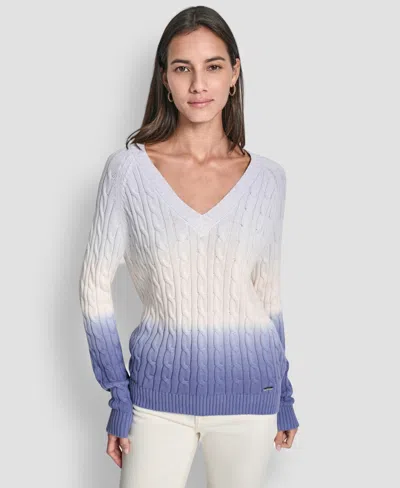 Dkny Jeans Women's Deep Dye V-neck Cable Sweater In Neutral