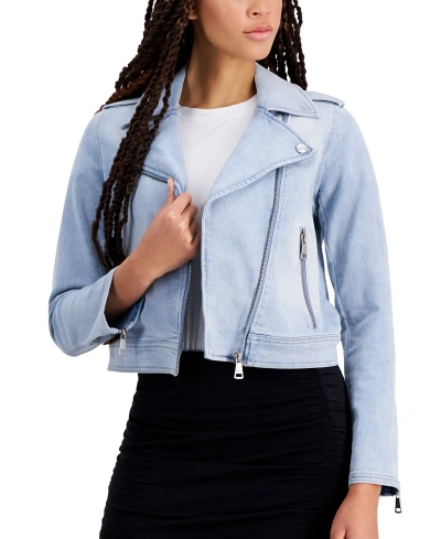 Dkny Jeans Womens Denim Moto Jacket Short Sleeve Ruched Mini Dress In G - Broadway