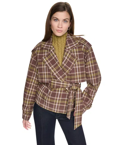 Dkny Jeans Women's Double Breasted Short Trench Jacket In Tribeca Plaid Chestnut