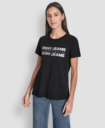 Dkny Jeans Women's Double Foil Horizontal Outline Stud Logo T-shirt In Black