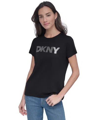 Dkny Jeans Women's Embellished Logo T-shirt In Bsv - Black,silver