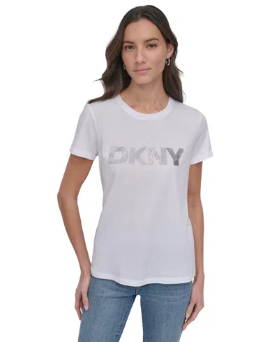 Dkny Jeans Women's Embellished Logo T-shirt In Wtl - Wht,silver