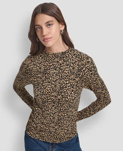Dkny Jeans Womens Side Ruched High Neck Long Sleeve Top With Rhinestud Logo Pxs Xl In Animal Print