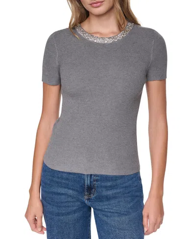 Dkny Jeans Women's Embellished Ribbed-knit Short-sleeve Crewneck Sweater In Gray