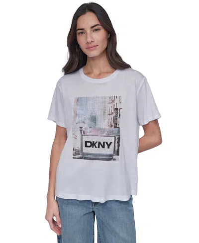 Dkny Jeans Women's Embellished Subway T-shirt In Kzu - Wt,blis Ice Blue