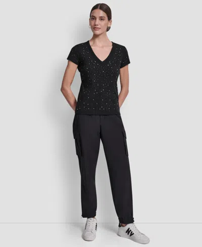 Dkny Jeans Women's Embellished V-neck Top In Black