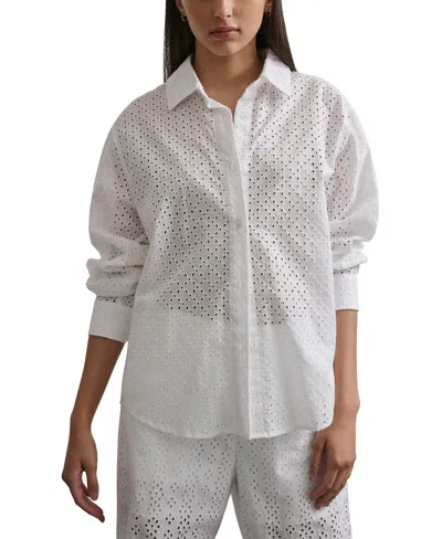 Dkny Jeans Women's Eyelet Long-sleeve Button-front Blouse In Wht - White