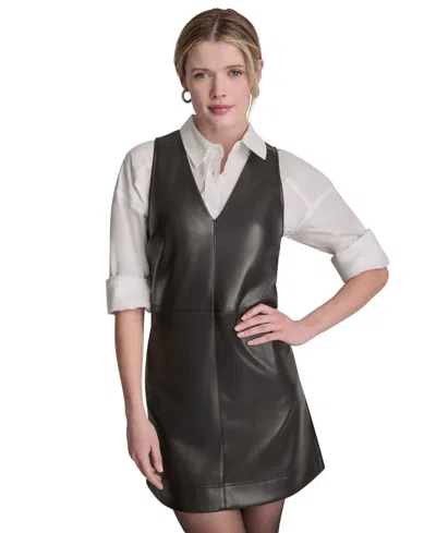 Dkny Jeans Women's Faux Leather Sleeveless V-neck Mini Dress In Brown