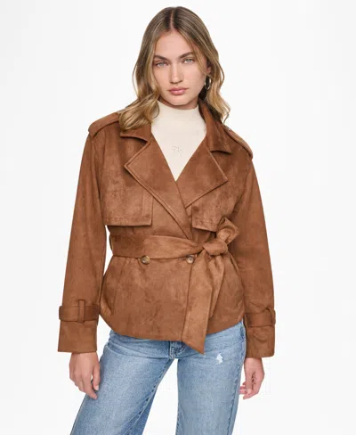 Dkny Jeans Women's Faux Suede Collared Short Trench Jacket In Brown