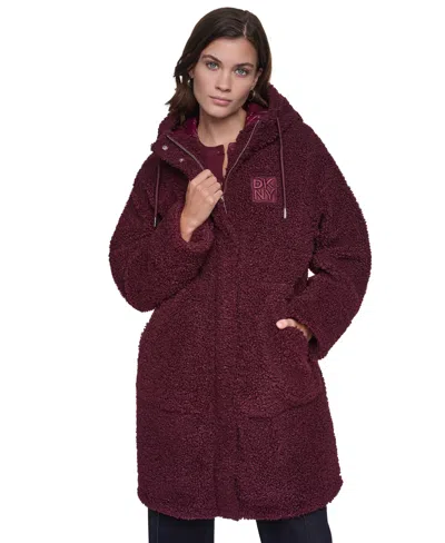 Dkny Jeans Women's Faux-sherpa Mix Media Hooded Jacket With Cire Diamond-quilted Back In Burgundy