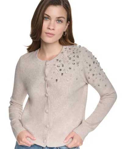 Dkny Jeans Women's Fitted Rhinestone Crewneck Cardigan In Cortdo Heather